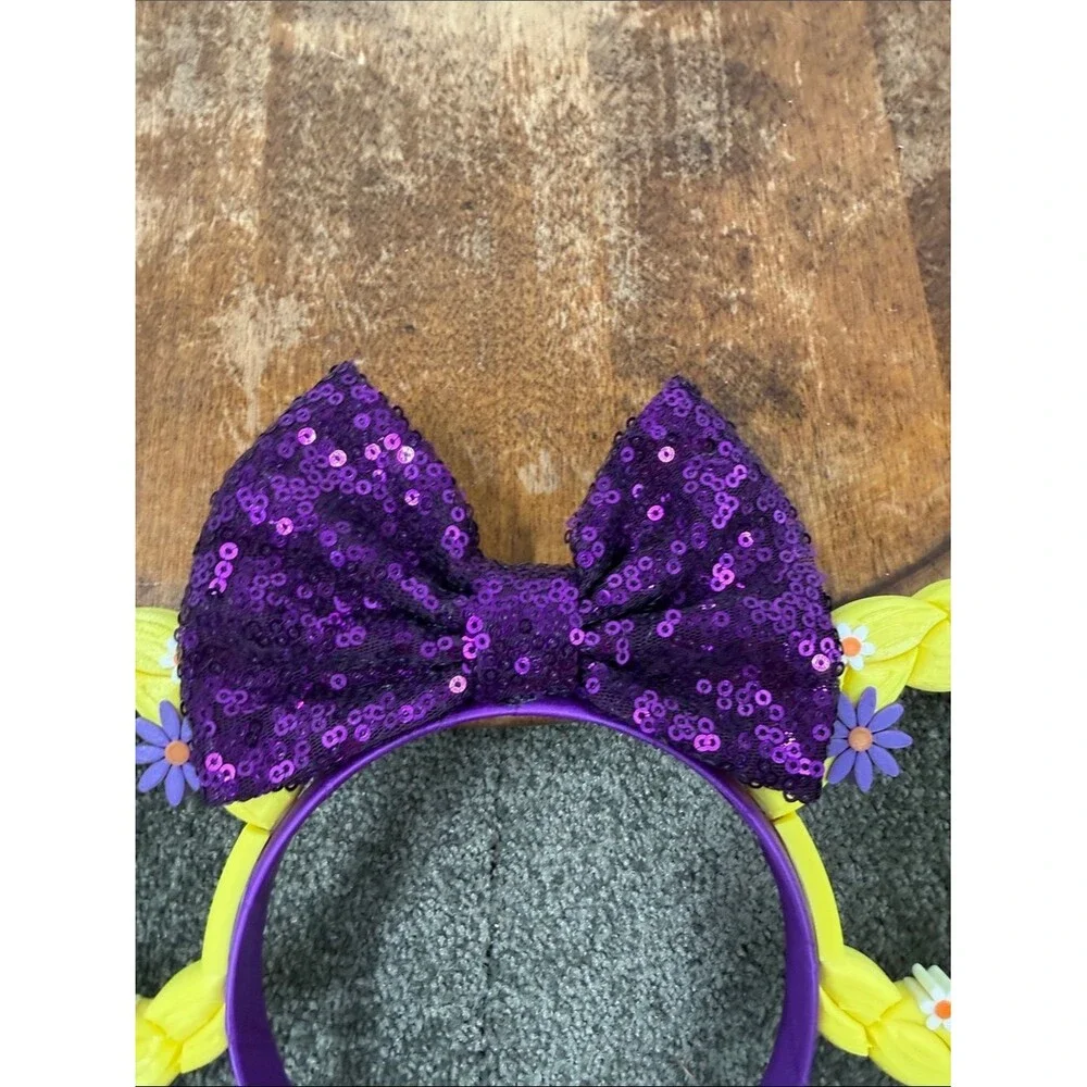 Tangled Rapunzel Purple Sequin Bow Headband Yellow Braided Floral Mouse Ears
